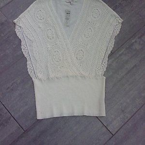 NWT Vintage Cache Luxe  openwork knitted vest top ivory viscose XL